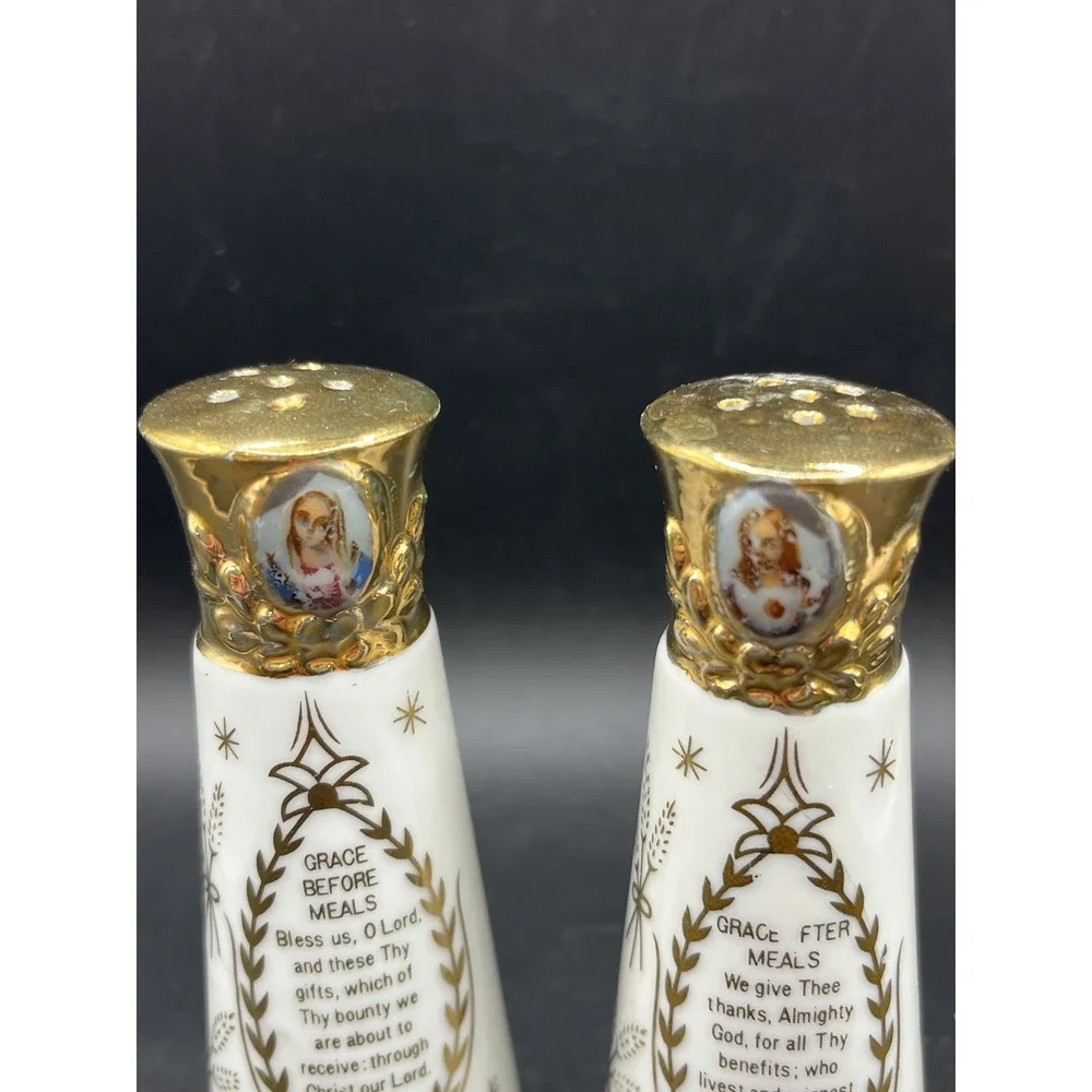 Vtg Blessing Grace Prayer White Gold Ceramic Salt‎ & Pepper Shakers 4
